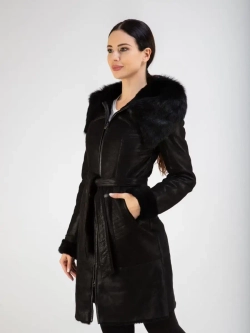 Дубленка женская натуральная с капюшоном длинная Турция