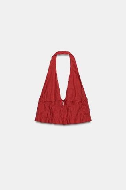 ZARA УКОРОЧЕННЫЙ ТОП ХАЛТЕР ИЗ ЛЬНА, ГРАНАТОВЫЙ