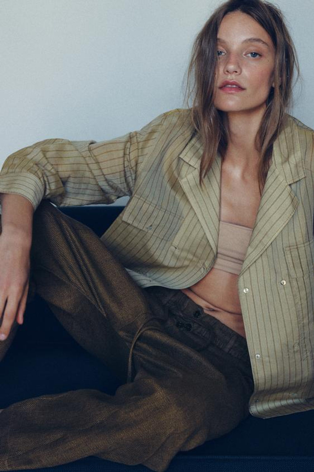 ZARA БРЮКИ BAGGY ИЗ СМЕСОВОГО ЛЬНА, КОРИЧНЕВЫЙ