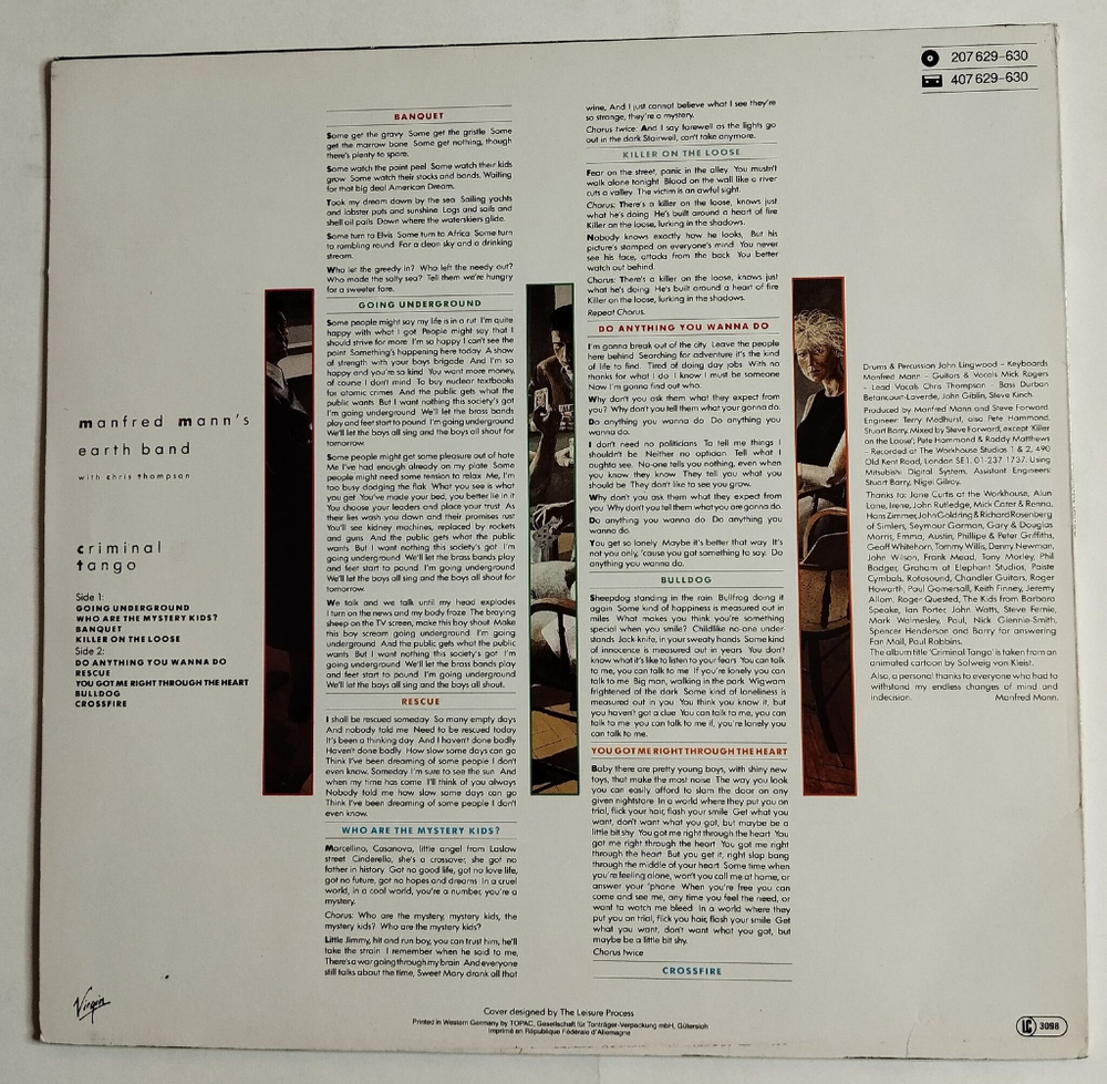 Винтажная виниловая пластинка LP Manfred Mann Earth Band With Chris Thompson Criminal Tango (Germany 1986)