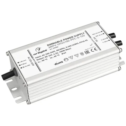 Блок питания ARPV-UH24100-PFC-0-10V (24V, 4.2A, 100W) (Arlight, IP67 Металл, 7 лет) 030284