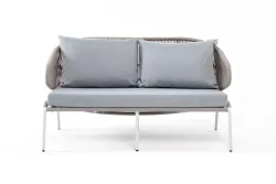 "Милан" диван 2-местный плетеный из роупа, каркас алюминий светло-серый (RAL7035) муар, роуп серый меланж круглый, ткань светло-серая