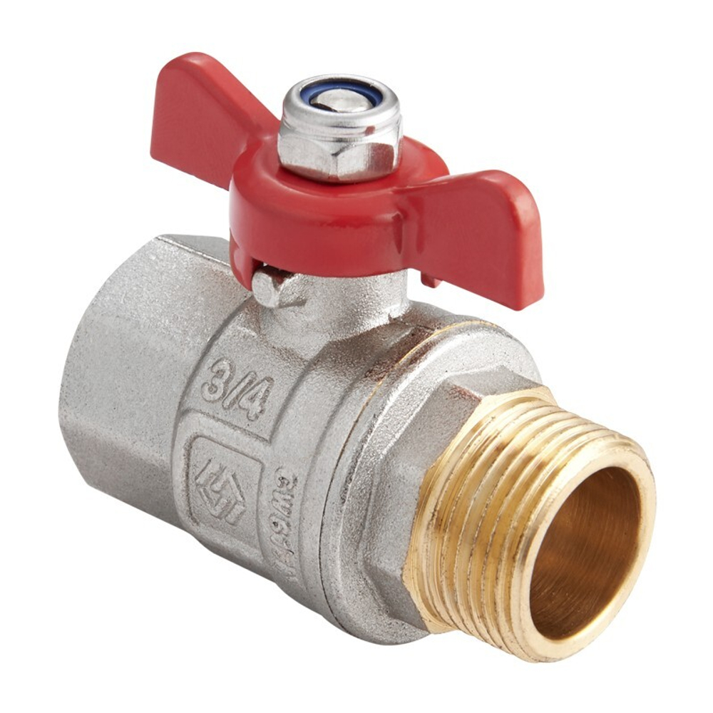 Кран латунный шаровой MVI BV.514, DN 20, PN 40, никелированный, полнопроходной, муфта-штуцер, бабочка