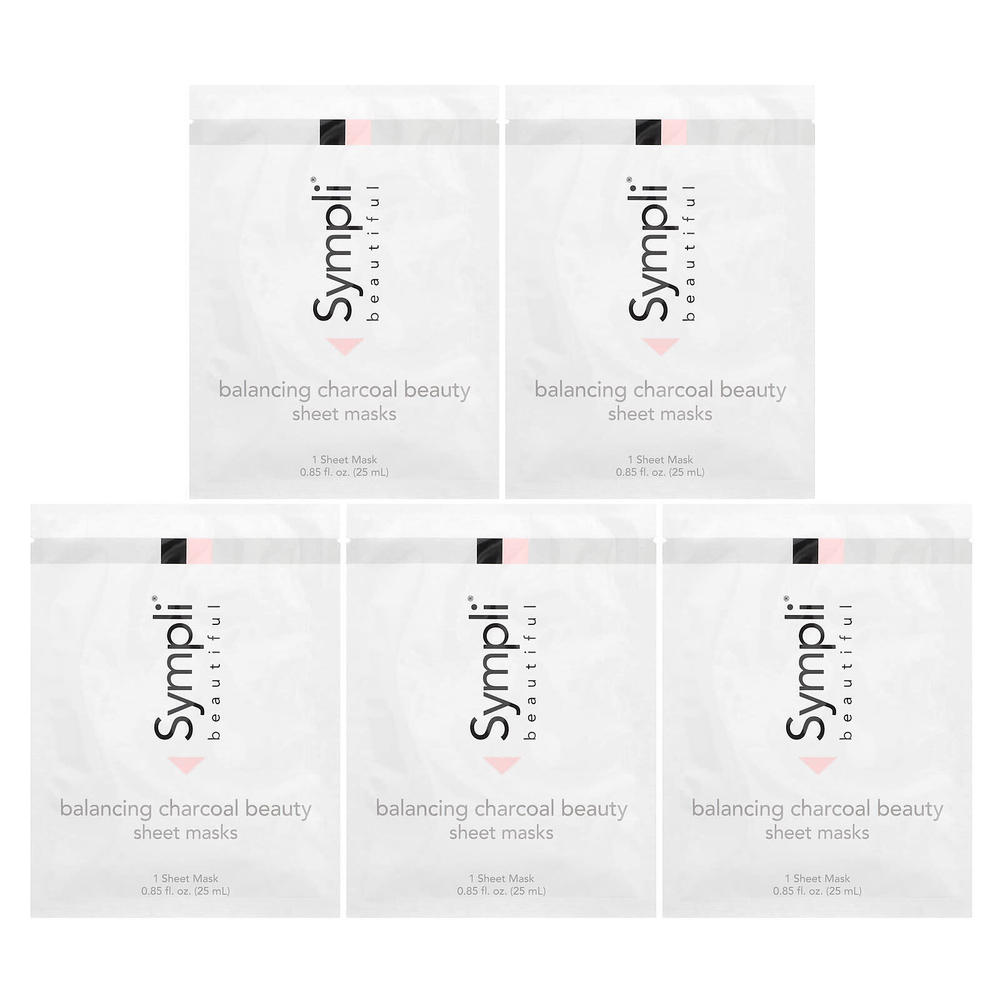 Sympli Beautiful, тканевые маски с древесным углем для восстановления баланса, 5 шт., 25 мл (0,85 жидк. унции) каждая