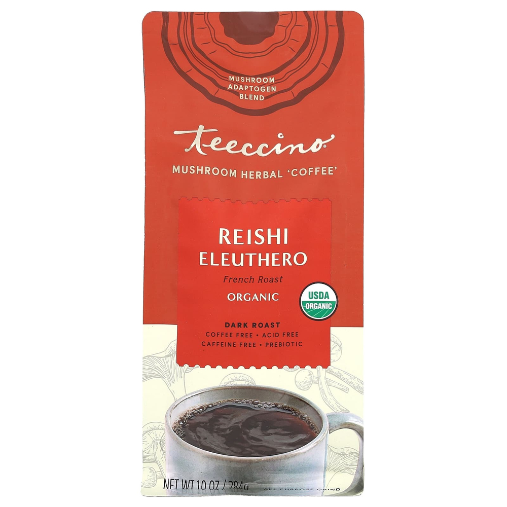 Teeccino, Травяной кофе с грибами, рейши элеутеро, темная обжарка, без кофеина, 284 г (10 унций)