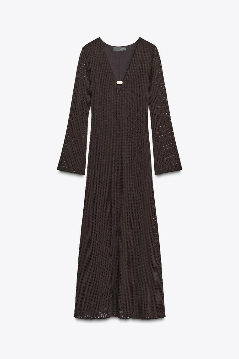 ZARA ВЯЗАНОЕ ПЛАТЬЕ МИДИ С ФУРНИТУРОЙ, КОРИЧНЕВЫЙ