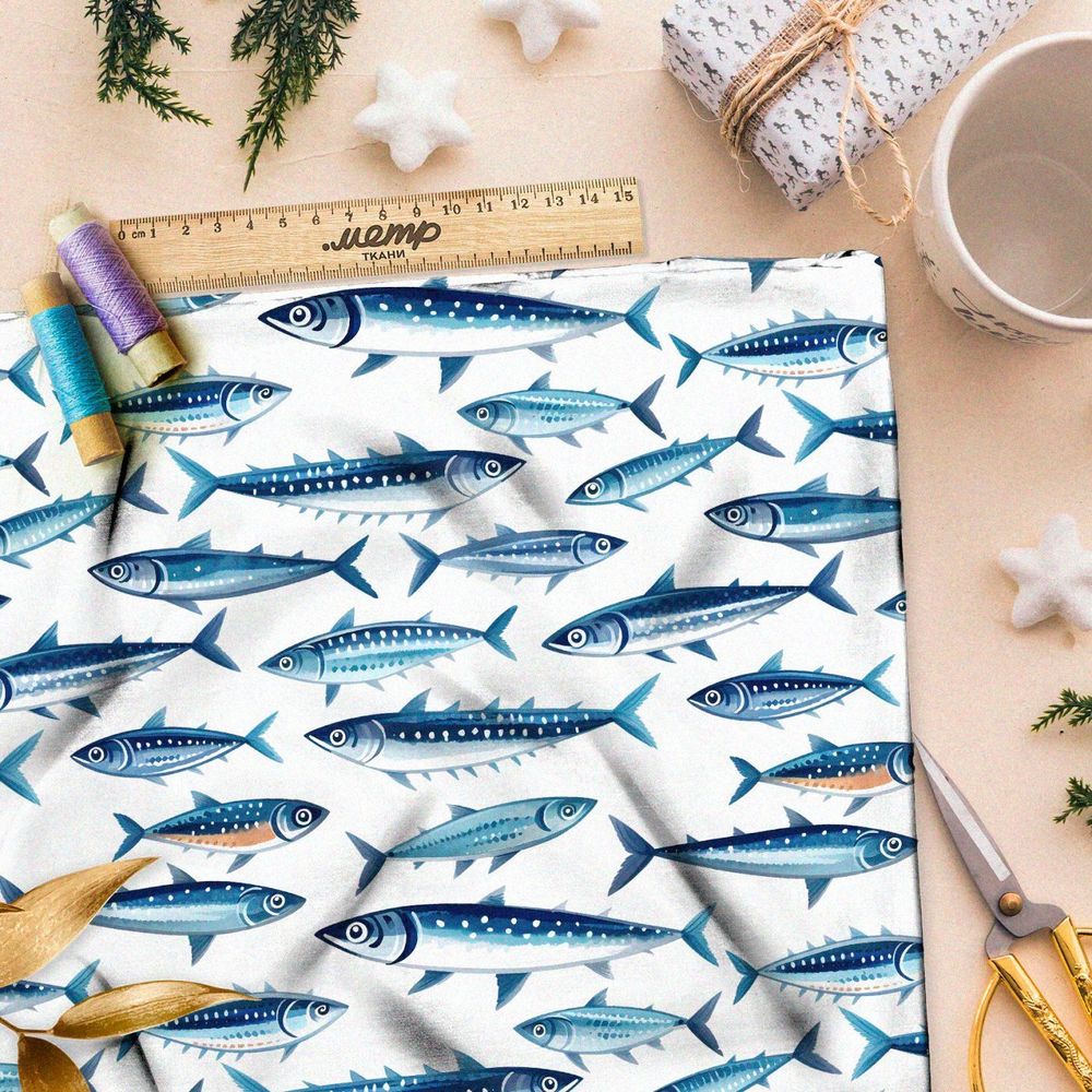 Ткань премиум атлас синие морские рыбы