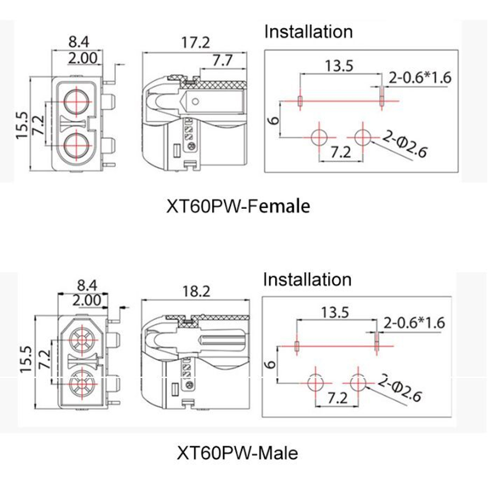 Силовой разъем XT60PW для монтажа на корпус (папа+мама)