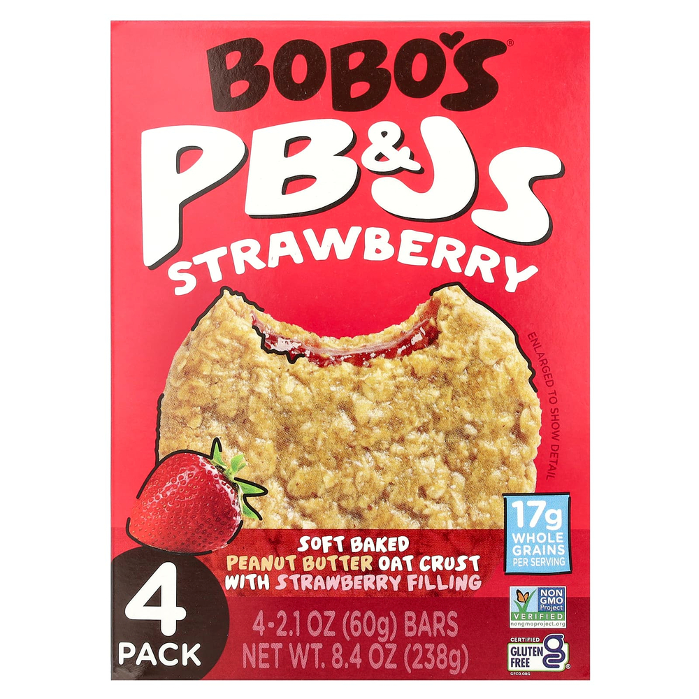 Bobo's Oat Bars, PB & Js, клубника, 4 упаковки по 60 г (2,1 унции)