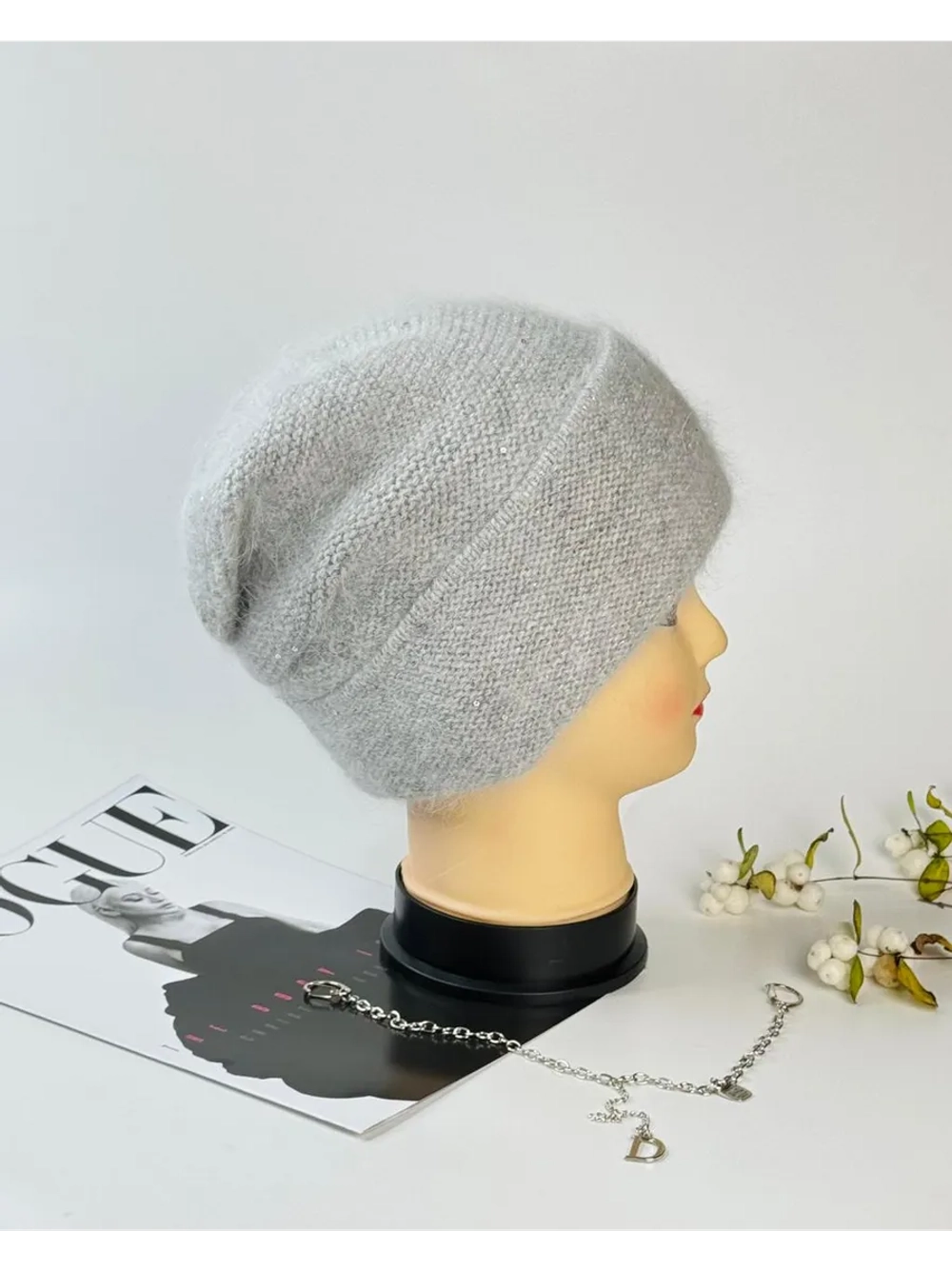 шапка зимняя вязаная ангора с пайетками