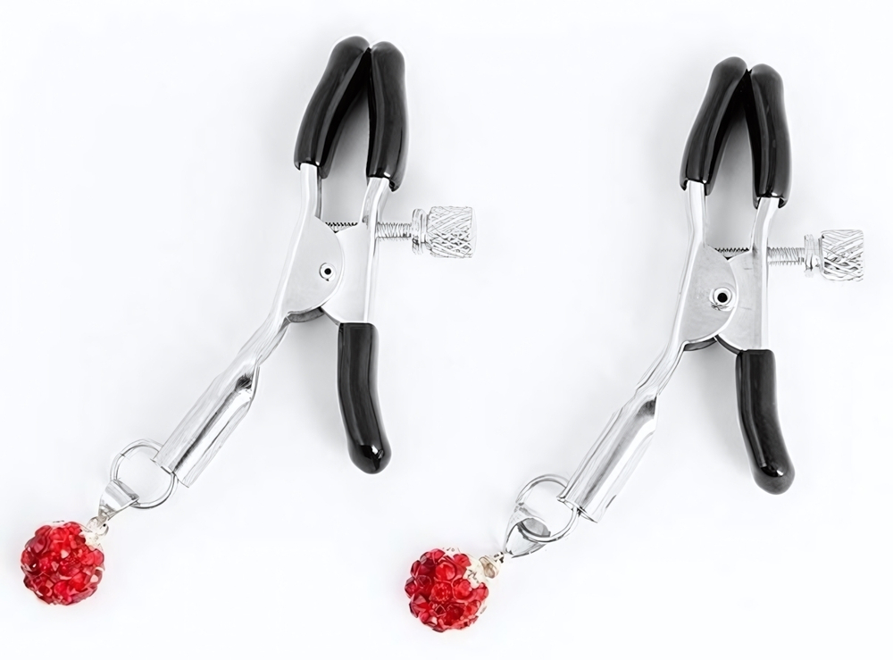 Металлические зажимы на соски с декором в виде красных шариков (Цвет: серебристый с черным)