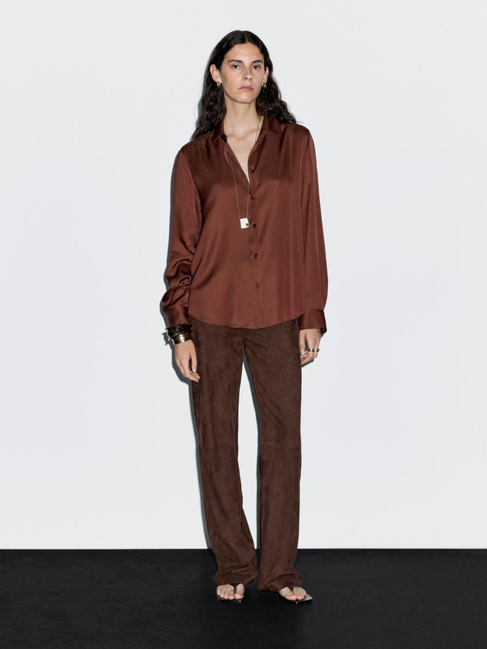 Massimo Dutti Рубашка из струящегося атласа, коричневый