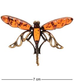 AM-2235 Брошь «Стрекоза Лучик» (латунь, янтарь)