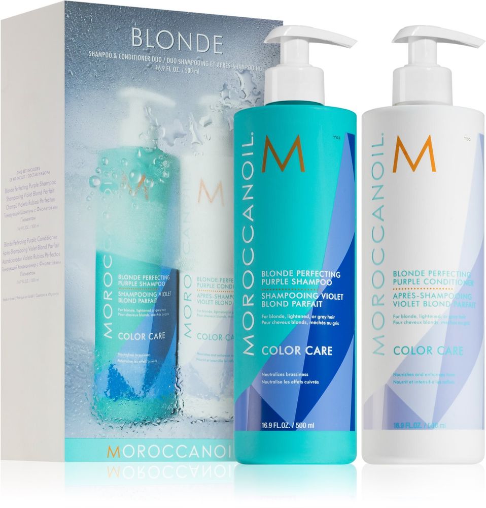 Moroccanoil purple Toning shampoo for blonde hair 500 мл + purple conditioner for blondes and highlighted hair 500 мл Color Complete