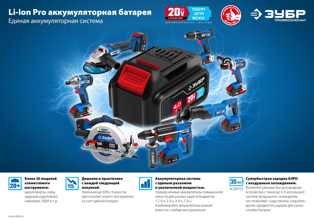 ЗУБР Т7, 20 В, 26 мм, 2 АКБ (4 А·ч), бесщеточный перфоратор, кейс, Профессионал (PB-260-42)