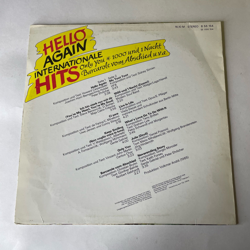 Винтажная виниловая пластинка LP Сборник Немецкой Эстрады Hello Again, Internationale Hits (ГДР 1986)
