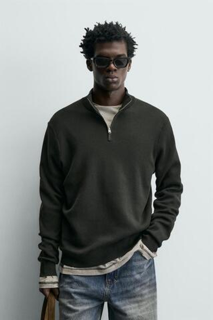 ZARA ХЛОПКОВЫЙ СВИТЕР С ВОРОТНИКОМ НА МОЛНИИ, ЗЕЛЕНЫЙ