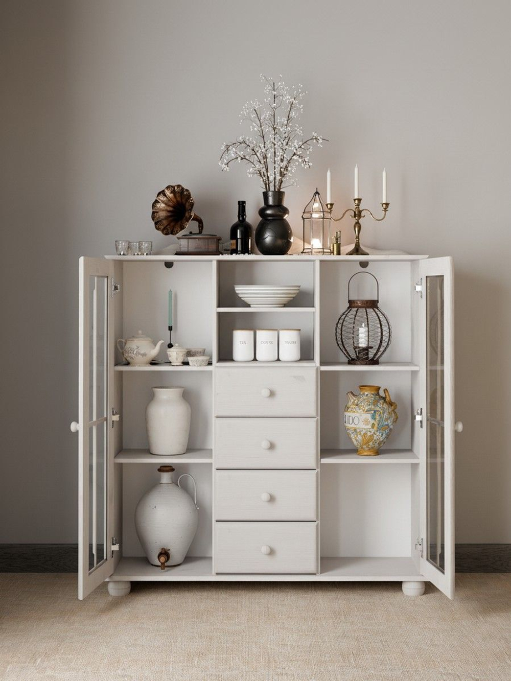 Сервант шкаф витрина Бритта двухдверный, белый, стеклянный, с полками, массив сосны, 128х113х32