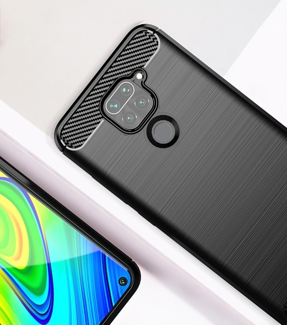 Мягкий защитный чехол черного цвета на Xiaomi Redmi Note 9, серия Carbon от Caseport