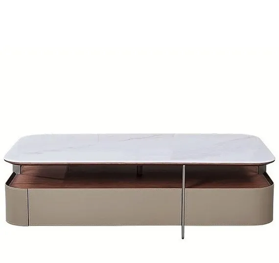 Журнальный столик 4636, белая керамика, шпон ореха, бежевая экокожа