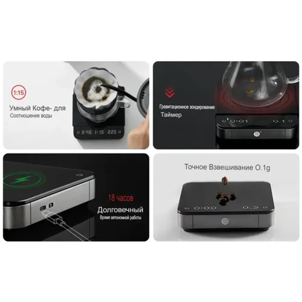 Весы кофейные портативные SMART SCALE 3.0 (POUR-OVER) черные 0,3-2000гр батарея 1800mAH ZeroHero
