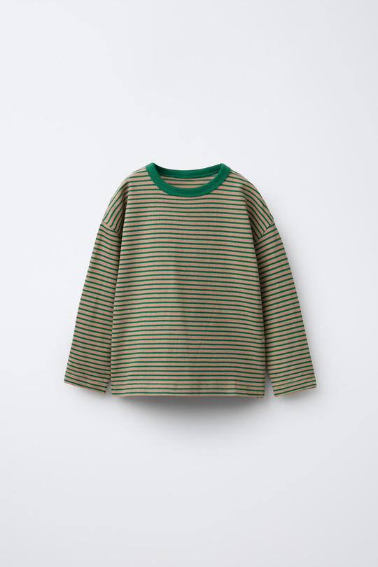ZARA ФУТБОЛКА HEAVY WEIGHT В ПОЛОСКУ, ЭКРЮ/ЗЕЛЕНЫЙ