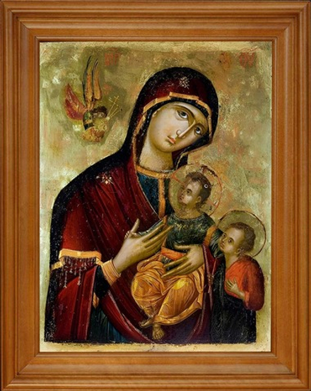 Богородица с младенцем Иисусом и Иоанном Предтечей. Икона на дереве в киоте.