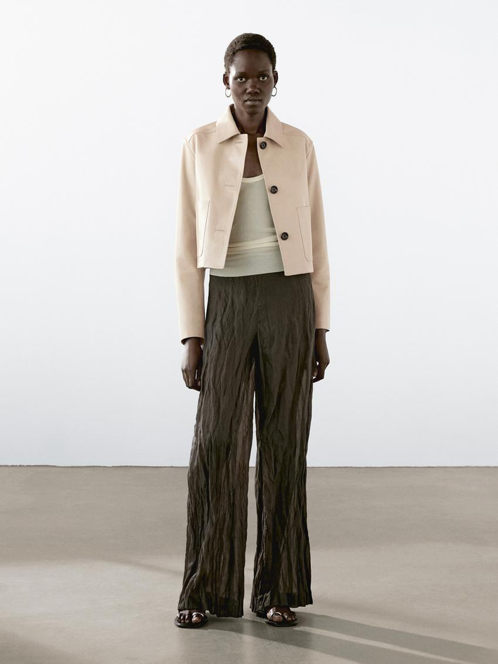 Massimo Dutti Укороченная куртка из кожи наппа, бежевый