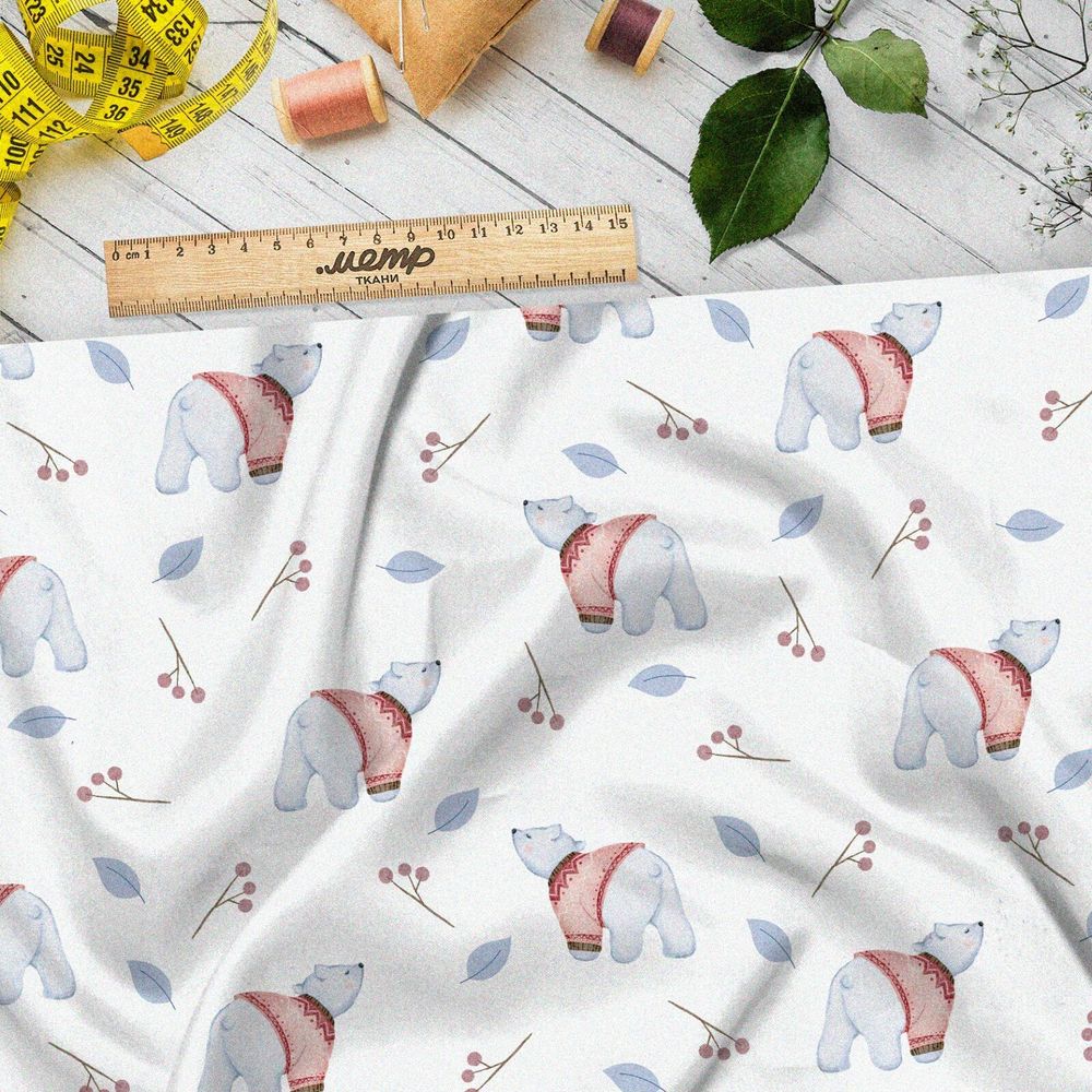 Ткань бязь белые медвежата в свитере