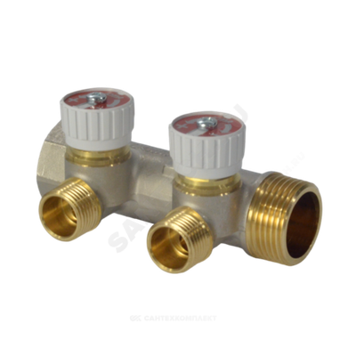 Коллектор латунь 1" ВР/НР на 2 вых 1/2" НР м/о 50мм с регулирующими клапанами Icma 87227PG06