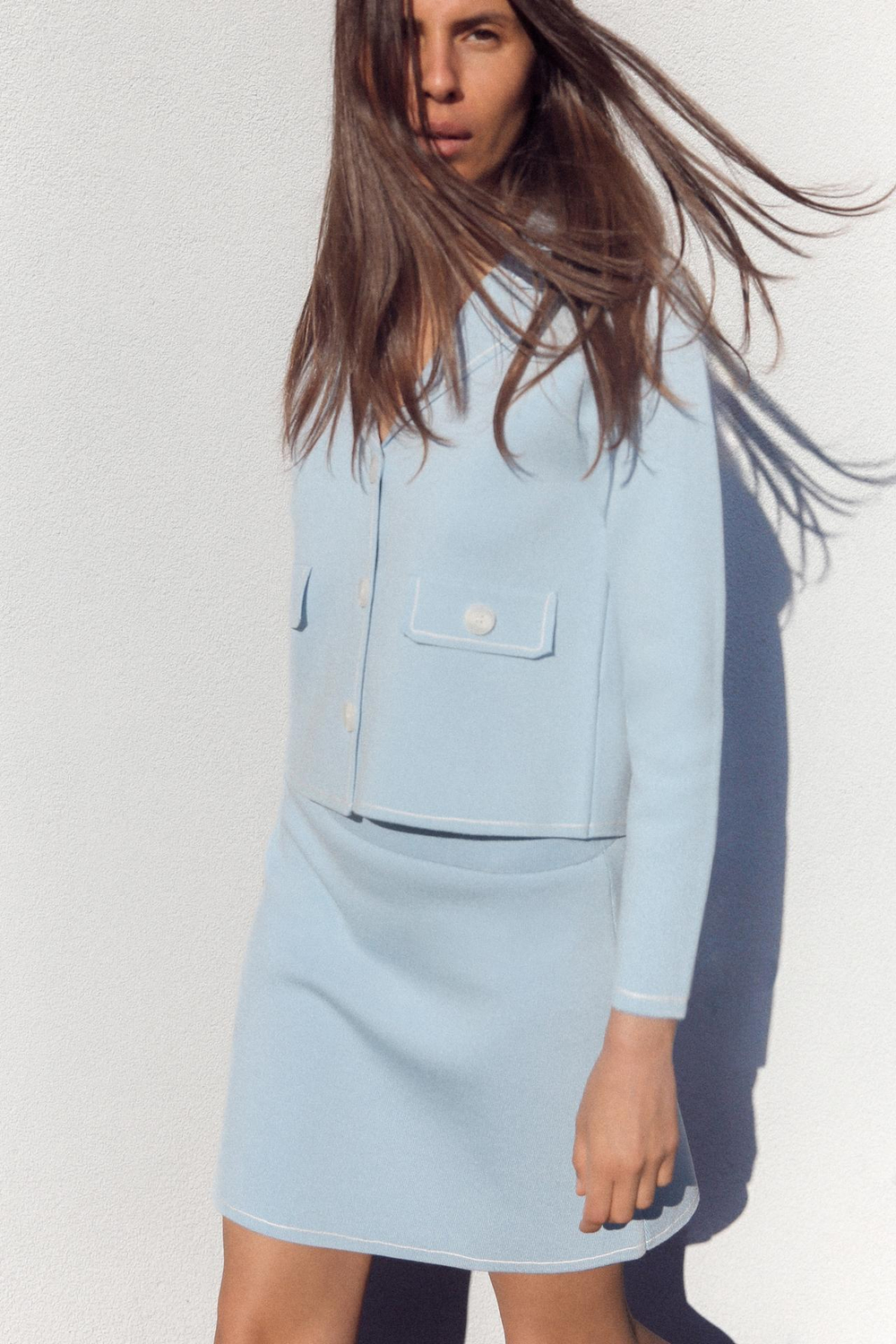 ZARA КАРДИГАН С ОКАНТОВКОЙ, СИНИЙ/БЕЛЫЙ