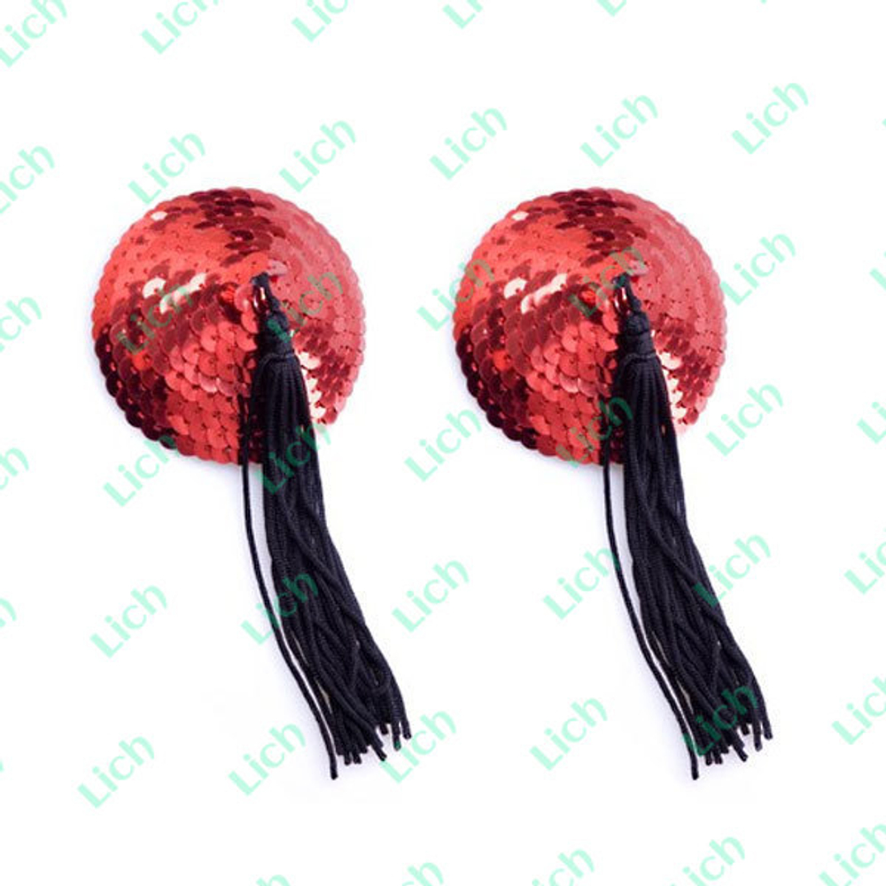 Круглые красные пэстисы с блестками и контрастными кисточками