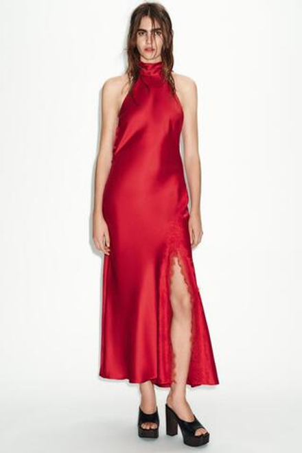 ZARA ПЛАТЬЕ В БЕЛЬЕВОМ СТИЛЕ С КРУЖЕВОМ, КРАСНЫЙ