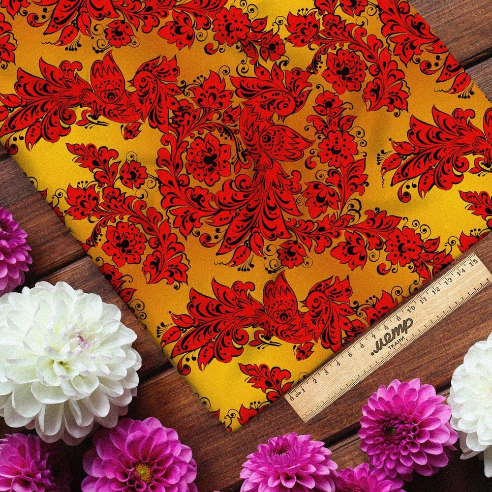 Ткань оксфорд 210 хохломские узоры красные