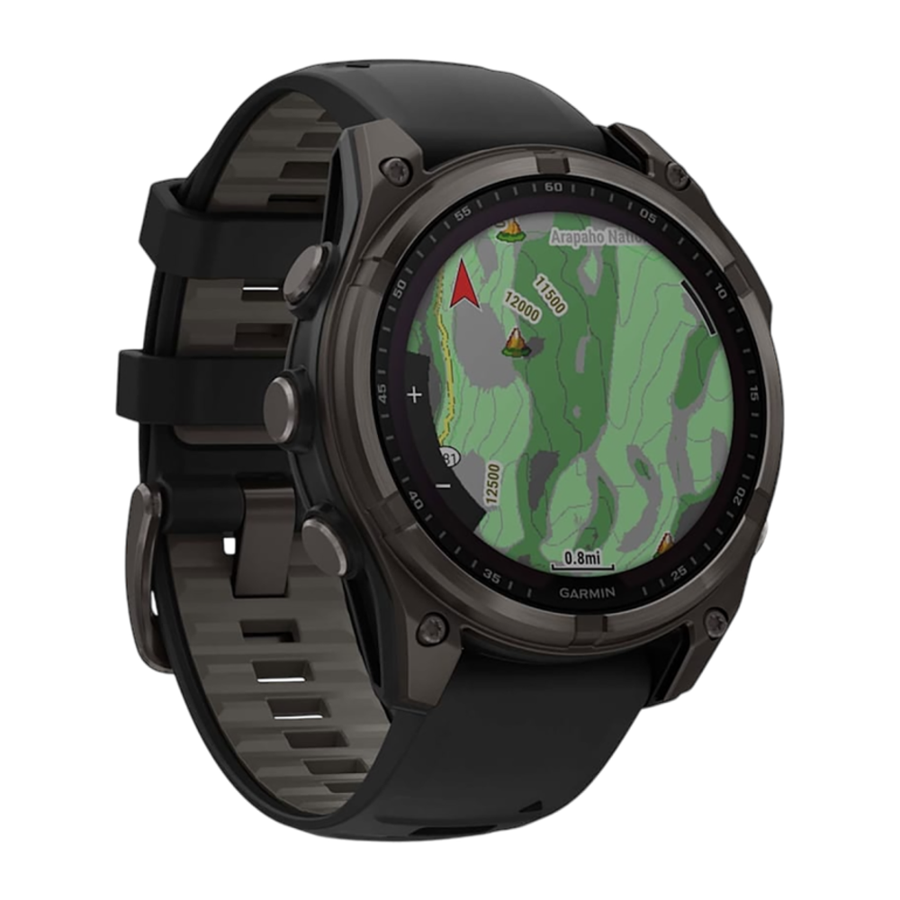 Спортивные часы Garmin fenix 8, 47 мм, Solar, титан с DLC, сапфир, силиконовый ремешок цвета чёрный/«серая галька» Тёмно-серый безель из титана с DLC-покрытием, дисплей Solar. Ремешок с классической застёжкой — на запястье обхватом 125–208 мм