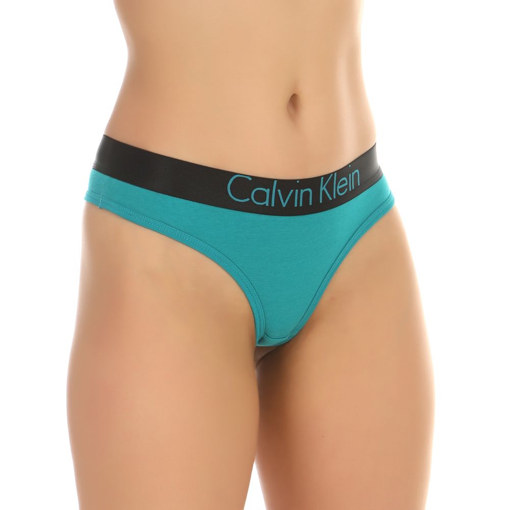 Женские трусы тонги изумрудные с черной резинкой Calvin Klein Women Black Emerald