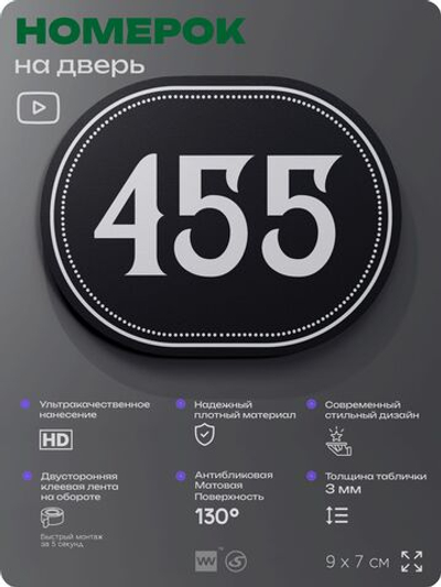 Номерок на дверь квартиры 455, для кабинета, офиса, шильдик 9 х 7 см, черный, Айдентика Технолоджи