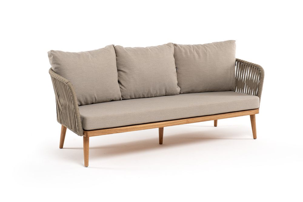 "Мальорка" диван 3-местный плетеный из роупа, основание дуб, роуп серо-коричневый 23мм, ткань бежевая 15052