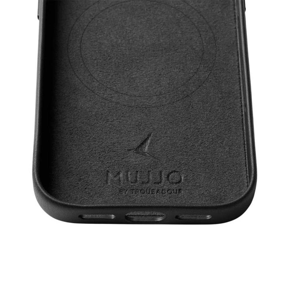 Кожаный чехол MagSafe с картхолдером Mujjo Full Leather Wallet Case для iPhone 17 Pro Чехол из натуральной телячьей велюровой цельнозерновой кожи с мелкозернистой фактурой и сенсорной накладкой для Контроллера камеры. Есть встроенный картхолдер — вмещает