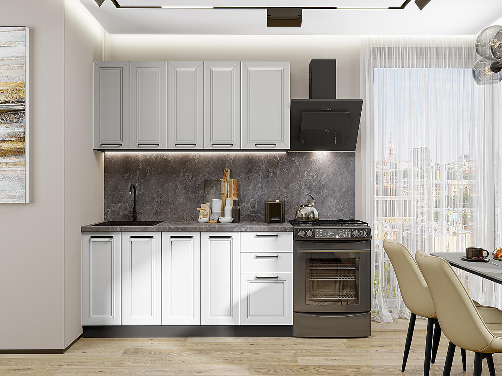Прямая модульная кухня Нео-01 Grey Silk/White Silk - Graphite 2140*1600*600