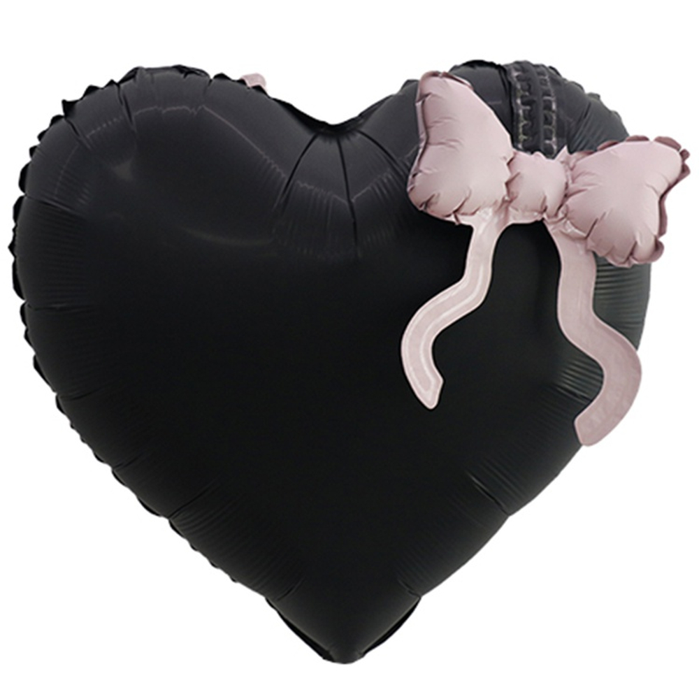 Купить большое фольгированное черное сердце с розовым бантиков с гелием