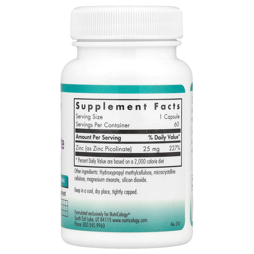 Nutricology, пиколинат цинка, 25 мг, 60 вегетарианских капсул
