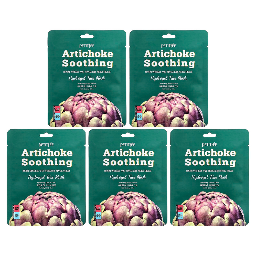Petitfee, Artichoke Soothing, успокаивающая гидрогелевая маска для лица с артишоком, 5 шт., по 32 г (1,12 унции)