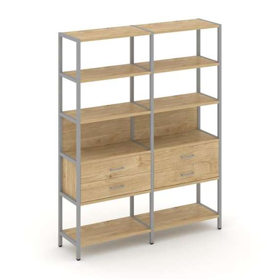 Shelf System Двухсекционный стеллаж пятиярусный с ящиками SN.STM-522 Тиквуд Светлый/Металл Серый 159