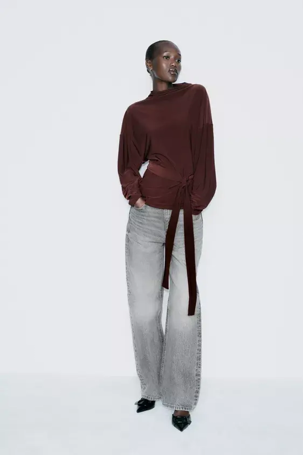 ZARA ТОП С ДРАПИРОВКОЙ И ПОЯСОМ, ГРАНАТОВЫЙ