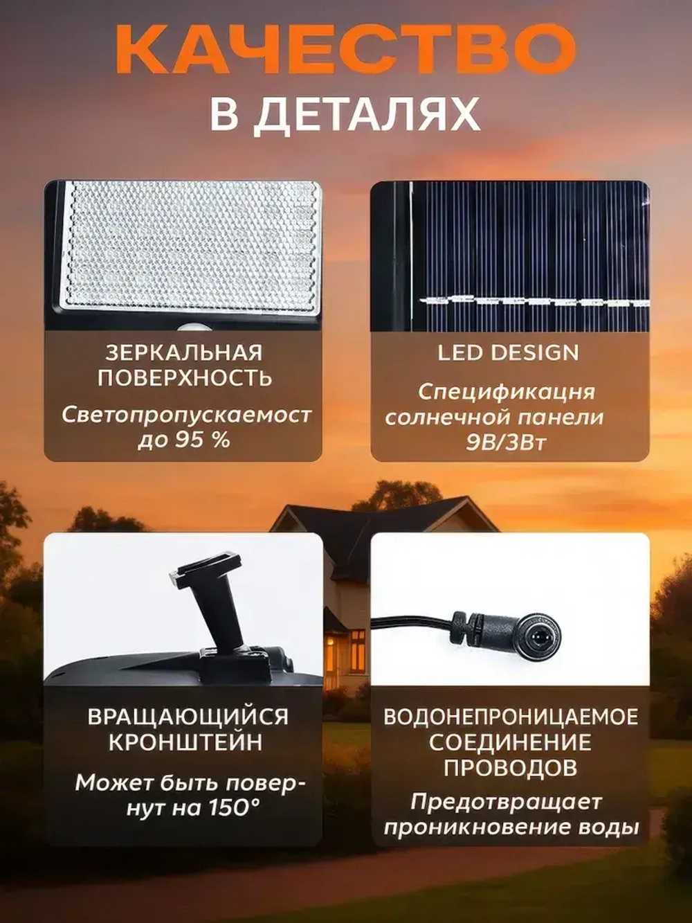 Светильник на солнечной батарее фасадный, с датчиком движения, пульт в комплекте