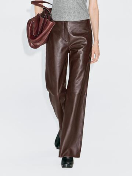 Massimo Dutti Брюки из кожи наппа, коричневый