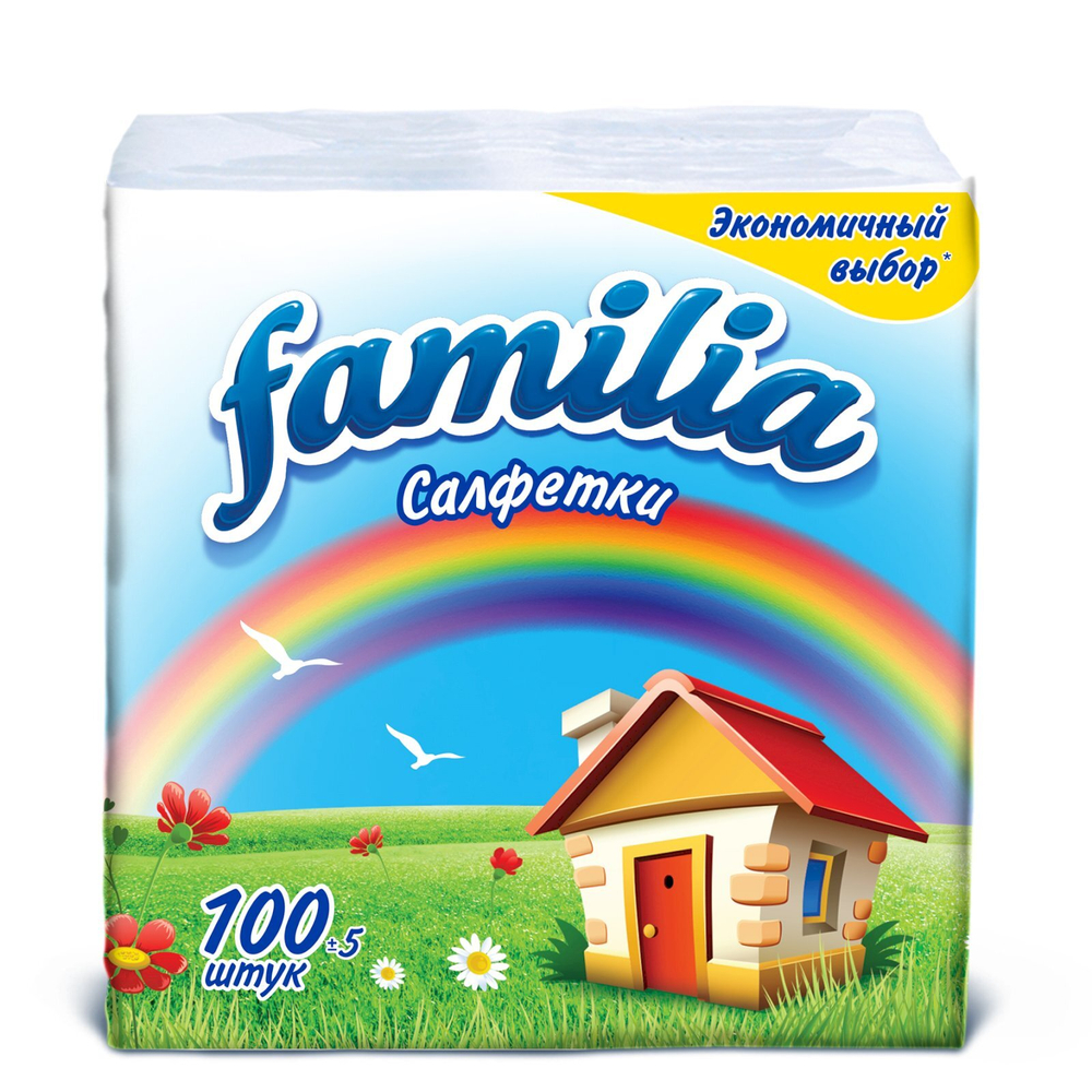 Салфетки бумажные Familia, 24х23 см, 1-слойные, белые, 100 штук