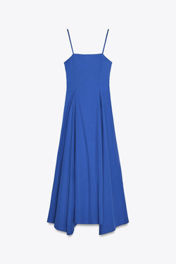 ZARA АСИММЕТРИЧНОЕ ПЛАТЬЕ МИДИ ИЗ ПОПЛИНА, ВАСИЛЬКОВЫЙ