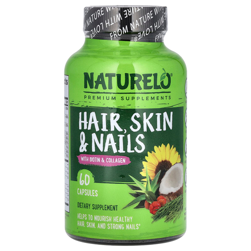 NATURELO, Для волос, кожи и ногтей с биотином и коллагеном, 60 капсул